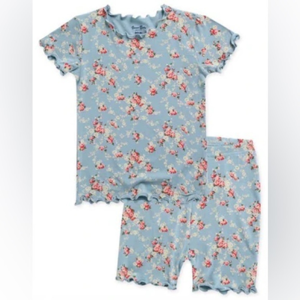 Girls Blue Floral Ribbed Pajama Set Short Sleeve Size 12 Vaenait
